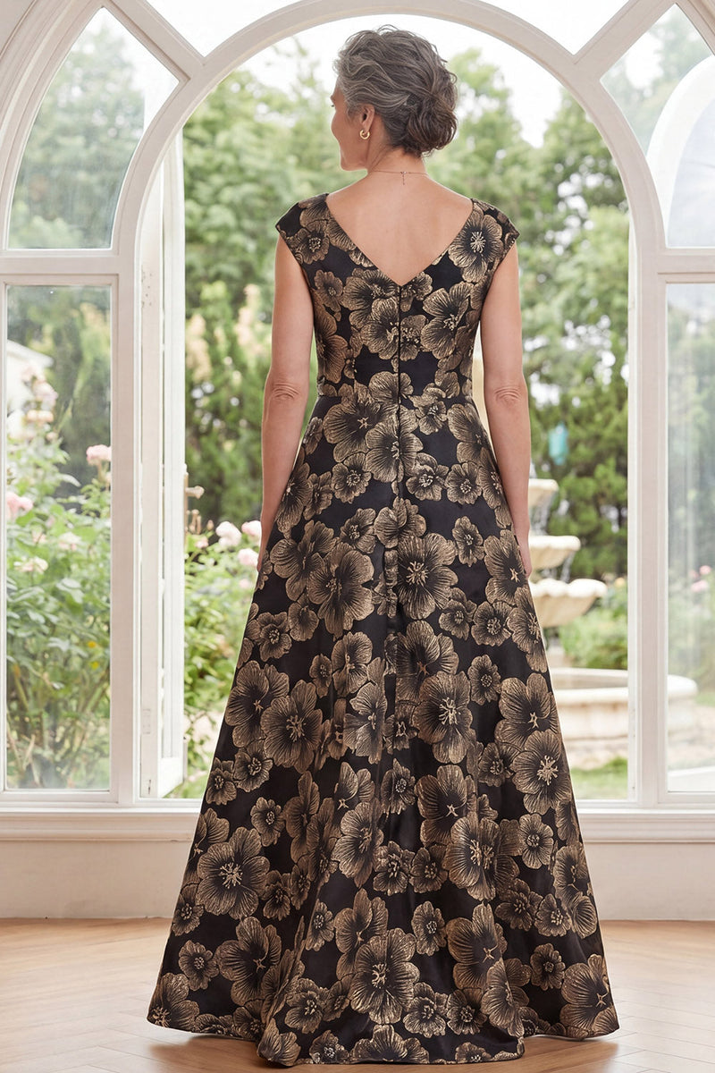 Load image into Gallery viewer, V-Neck Floral Black A Line Long Mother of the Bride Dress with Slit