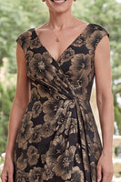 Load image into Gallery viewer, V-Neck Floral Black A Line Long Mother of the Bride Dress with Slit