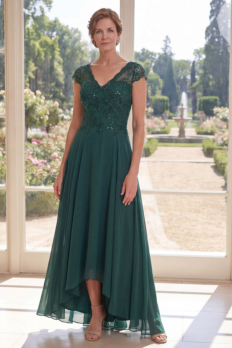 Load image into Gallery viewer, Dark Green Beaded Cap Sleeves A Line Long Mother of the Bride Dress