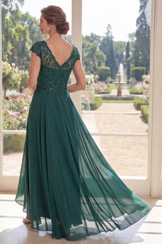 Dark Green Beaded Cap Sleeves A Line Long Mother of the Bride Dress