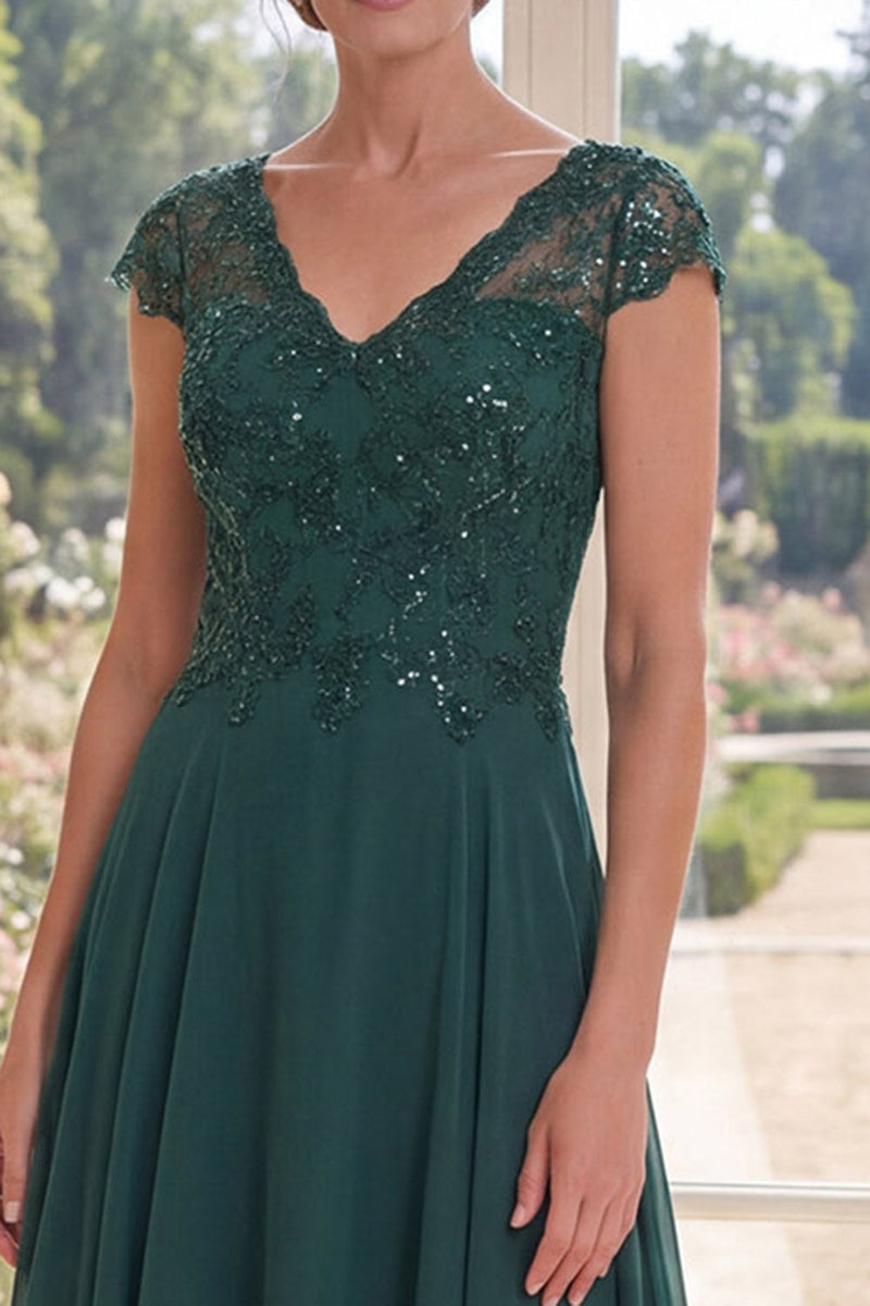 Load image into Gallery viewer, Dark Green Beaded Cap Sleeves A Line Long Mother of the Bride Dress