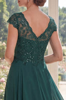 Load image into Gallery viewer, Dark Green Beaded Cap Sleeves A Line Long Mother of the Bride Dress
