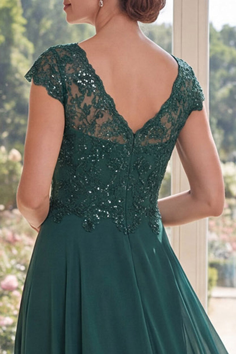 Load image into Gallery viewer, Dark Green Beaded Cap Sleeves A Line Long Mother of the Bride Dress