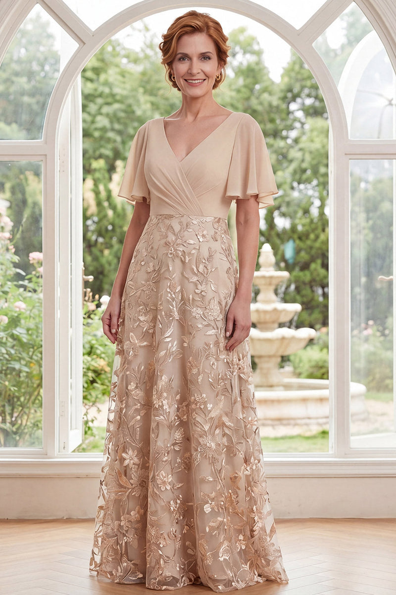 Load image into Gallery viewer, A Line Long Champagne Ruched V-Neck Floral Mother of the Bride Dress