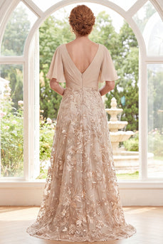 A Line Long Champagne Ruched V-Neck Floral Mother of the Bride Dress