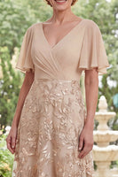 Load image into Gallery viewer, A Line Long Champagne Ruched V-Neck Floral Mother of the Bride Dress