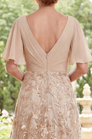 Load image into Gallery viewer, A Line Long Champagne Ruched V-Neck Floral Mother of the Bride Dress