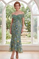 Load image into Gallery viewer, Green Off the Shoulder Floral Ruched Mermaid Long Mother of the Bride Dress