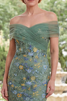 Load image into Gallery viewer, Green Off the Shoulder Floral Ruched Mermaid Long Mother of the Bride Dress