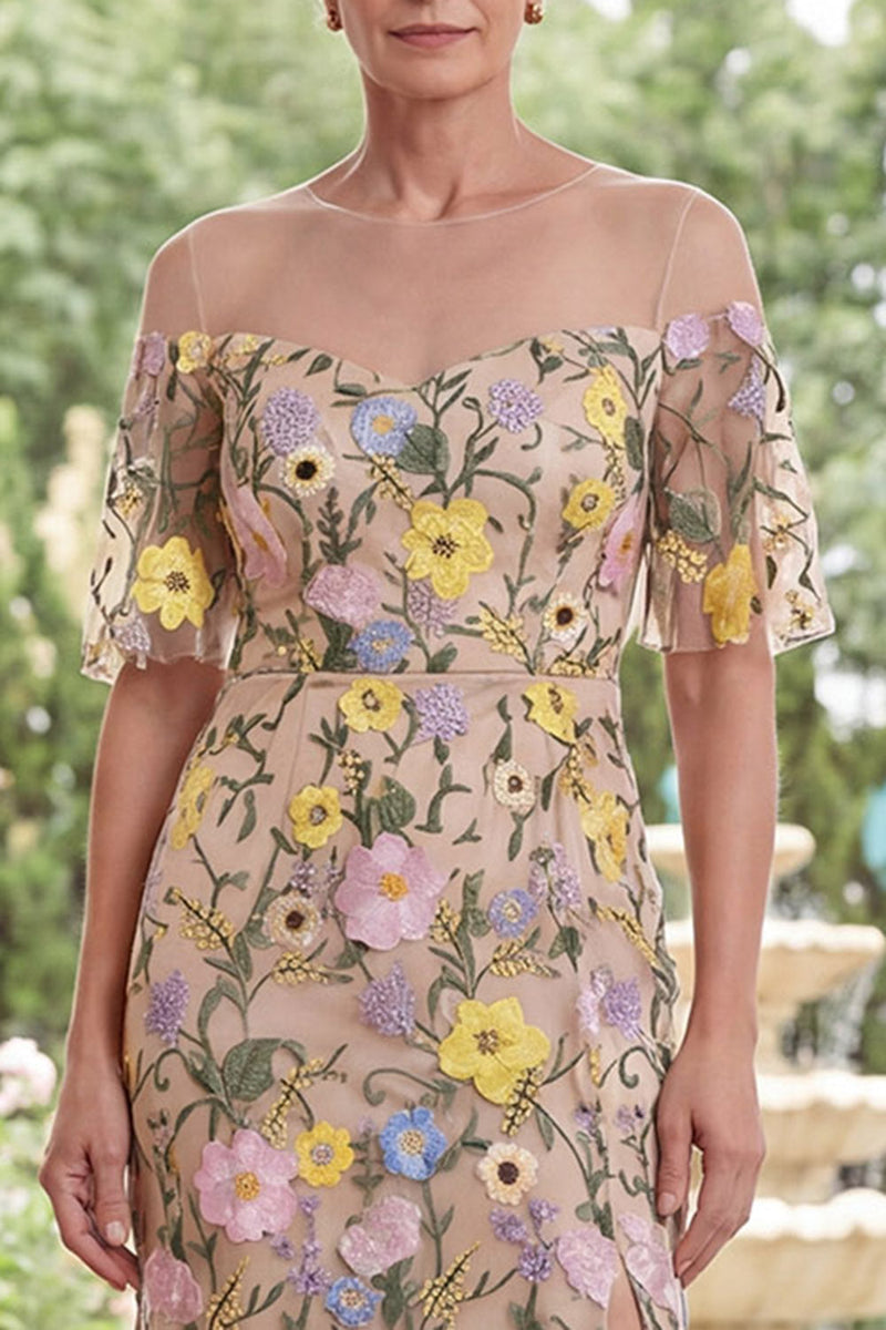 Load image into Gallery viewer, Champagne Boat Neck Sheath Floral Long Mother of the Bride Dress with Slit