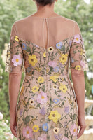 Load image into Gallery viewer, Champagne Boat Neck Sheath Floral Long Mother of the Bride Dress with Slit