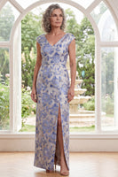 Load image into Gallery viewer, White Blue Flower Long Sheath V-Neck Mother of the Bride Dress with Slit