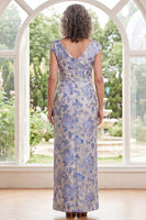 Load image into Gallery viewer, White Blue Flower Long Sheath V-Neck Mother of the Bride Dress with Slit