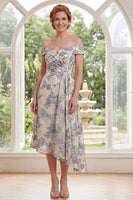Load image into Gallery viewer, Dusty Blue Floral Off the Shoulder A Line Asymmetrical Mother of the Bride Dress