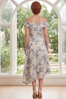 Load image into Gallery viewer, Dusty Blue Floral Off the Shoulder A Line Asymmetrical Mother of the Bride Dress