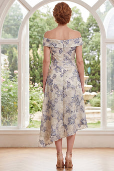Dusty Blue Floral Off the Shoulder A Line Asymmetrical Mother of the Bride Dress