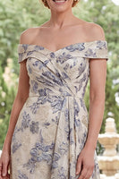 Load image into Gallery viewer, Dusty Blue Floral Off the Shoulder A Line Asymmetrical Mother of the Bride Dress