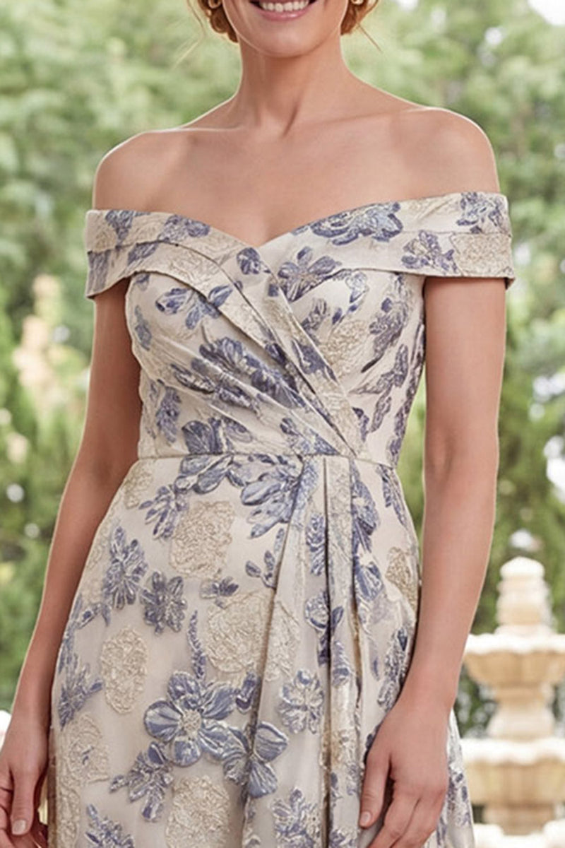 Load image into Gallery viewer, Dusty Blue Floral Off the Shoulder A Line Asymmetrical Mother of the Bride Dress