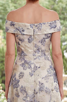 Load image into Gallery viewer, Dusty Blue Floral Off the Shoulder A Line Asymmetrical Mother of the Bride Dress