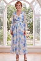 Load image into Gallery viewer, Ruched White Blue Flower V-Neck A Line Long Mother of the Bride Dress