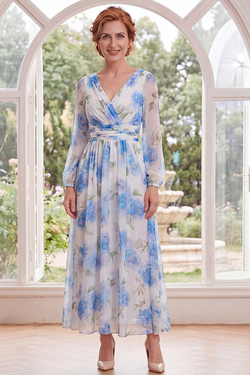 Load image into Gallery viewer, Ruched White Blue Flower V-Neck A Line Long Mother of the Bride Dress