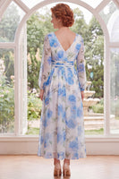 Load image into Gallery viewer, Ruched White Blue Flower V-Neck A Line Long Mother of the Bride Dress
