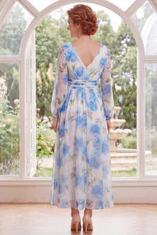 Ruched White Blue Flower V-Neck A Line Long Mother of the Bride Dress