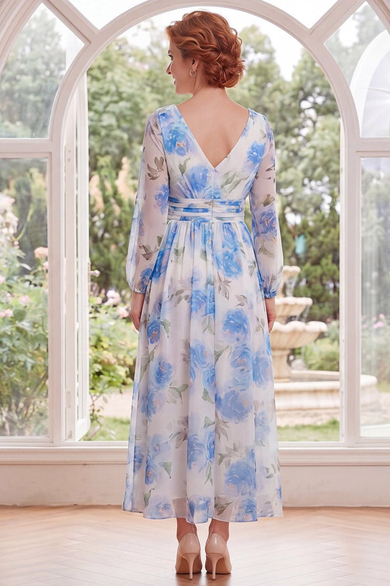 Load image into Gallery viewer, Ruched White Blue Flower V-Neck A Line Long Mother of the Bride Dress