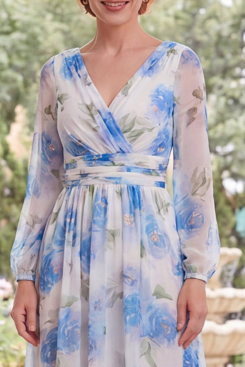 Load image into Gallery viewer, Ruched White Blue Flower V-Neck A Line Long Mother of the Bride Dress