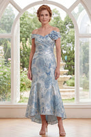 Load image into Gallery viewer, Mermaid Blue Floral Off the Shoulder Ruched Long Mother of the Bride Dress