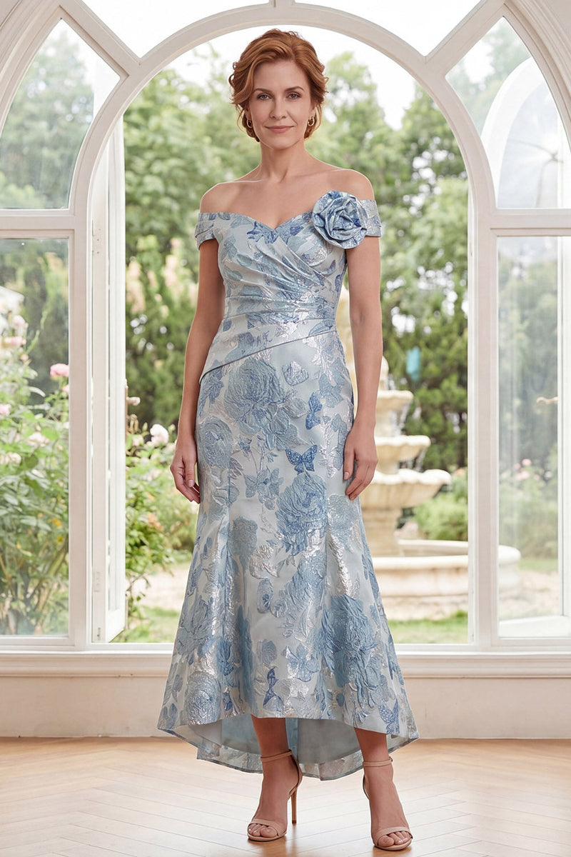 Load image into Gallery viewer, Mermaid Blue Floral Off the Shoulder Ruched Long Mother of the Bride Dress