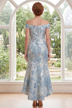Mermaid Blue Floral Off the Shoulder Ruched Long Mother of the Bride Dress