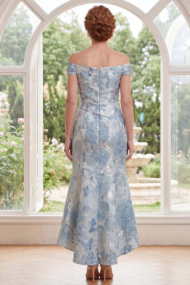 Load image into Gallery viewer, Mermaid Blue Floral Off the Shoulder Ruched Long Mother of the Bride Dress