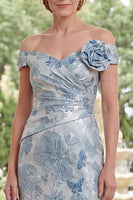 Load image into Gallery viewer, Mermaid Blue Floral Off the Shoulder Ruched Long Mother of the Bride Dress