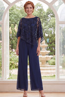 Load image into Gallery viewer, Sparkly Beaded Long Navy Mother of the Bride Jumpsuits with Cape