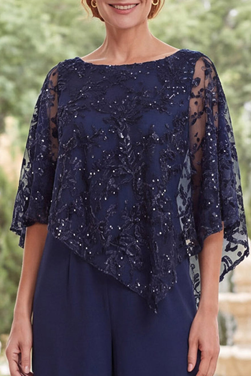 Load image into Gallery viewer, Sparkly Beaded Long Navy Mother of the Bride Jumpsuits with Cape