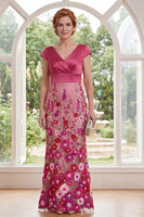 Load image into Gallery viewer, Fuchsia V-Neck Mermaid Floral Ruched Long Mother of the Bride Dress