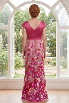 Fuchsia V-Neck Mermaid Floral Ruched Long Mother of the Bride Dress