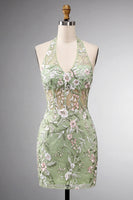 Load image into Gallery viewer, Sage Green Floral Tight Corset Short Halter Birthday Party Dress