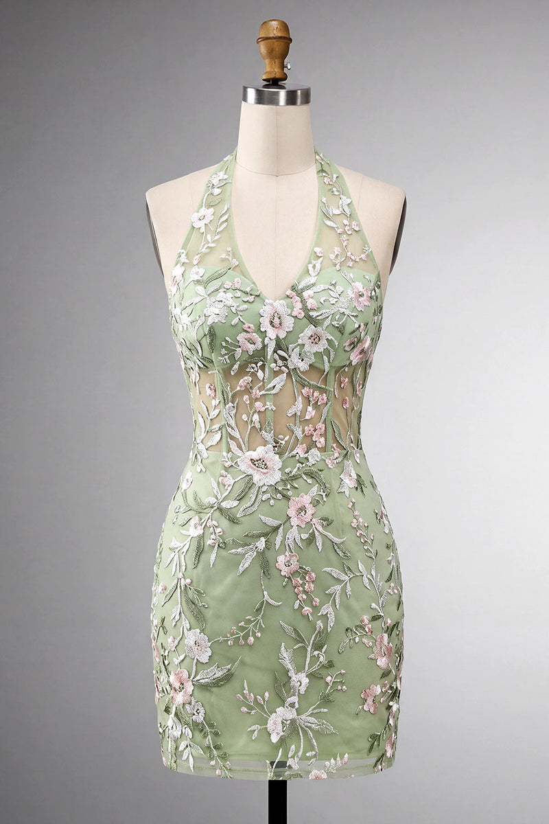 Load image into Gallery viewer, Sage Green Floral Tight Corset Short Halter Birthday Party Dress