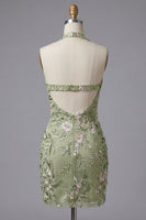 Load image into Gallery viewer, Sage Green Floral Tight Corset Short Halter Birthday Party Dress