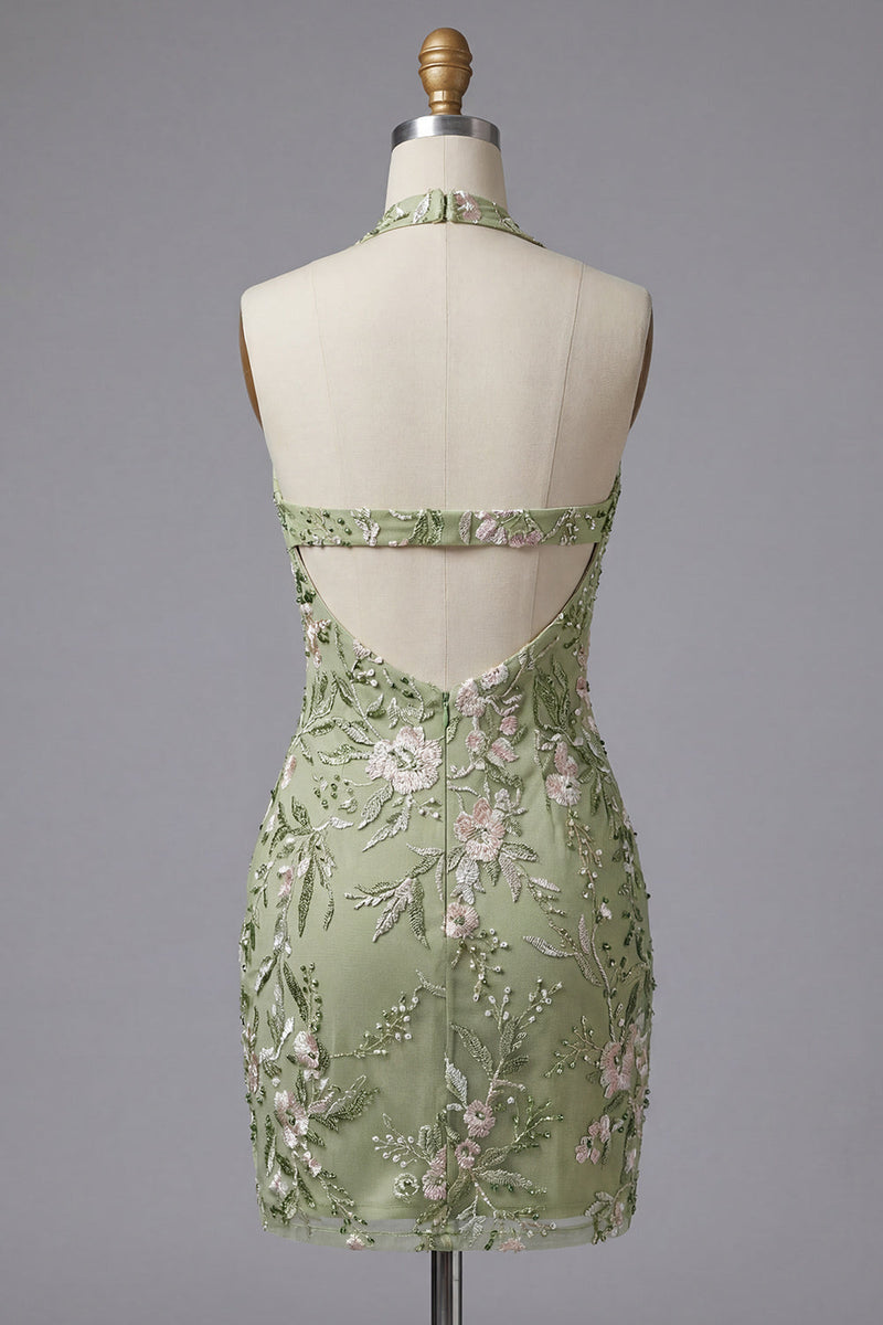 Load image into Gallery viewer, Sage Green Floral Tight Corset Short Halter Birthday Party Dress