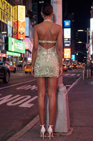 Load image into Gallery viewer, Sage Green Floral Tight Corset Short Halter Birthday Party Dress