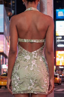 Load image into Gallery viewer, Sage Green Floral Tight Corset Short Halter Birthday Party Dress