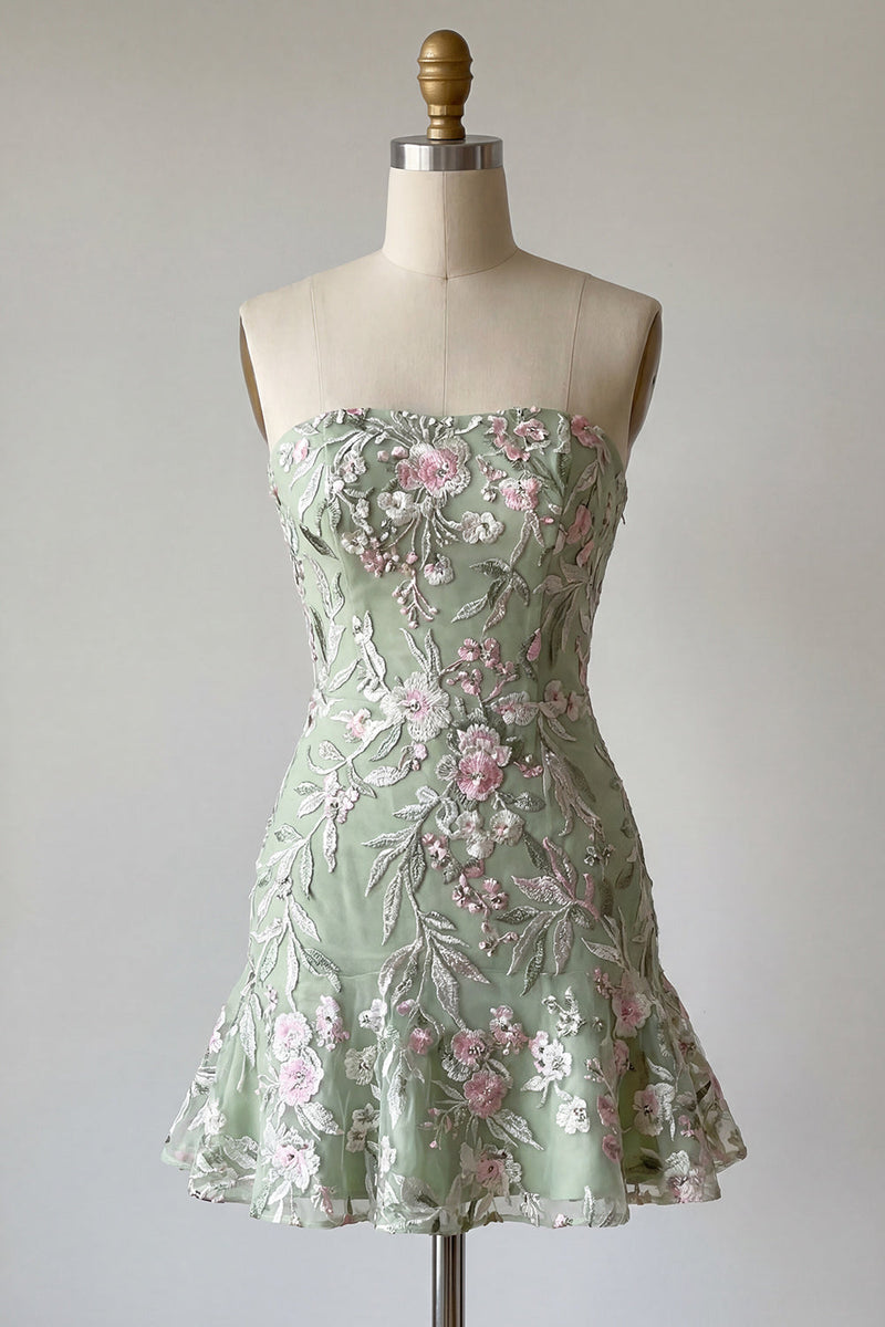 Load image into Gallery viewer, Sage Green Strapless Floral Short Birthday Party Dress with Ruffles