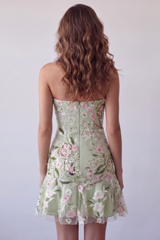 Sage Green Strapless Floral Short Birthday Party Dress with Ruffles