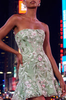 Load image into Gallery viewer, Sage Green Strapless Floral Short Birthday Party Dress with Ruffles