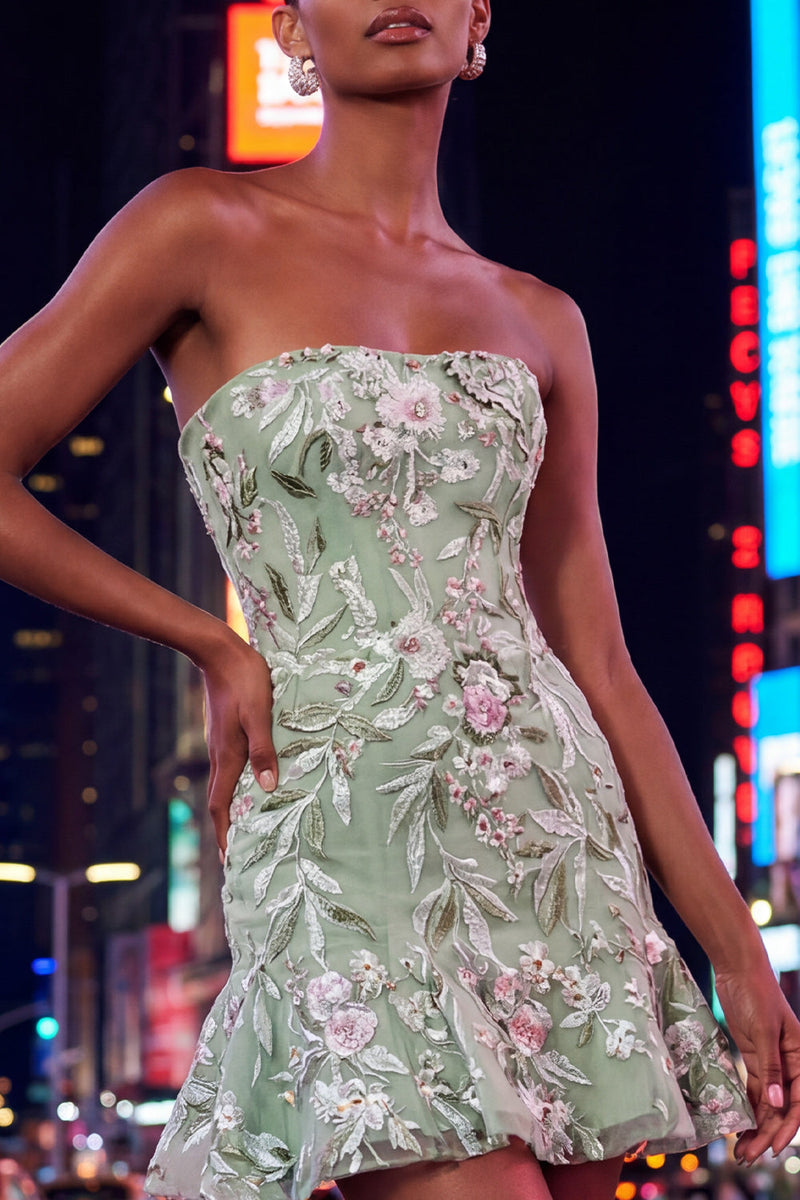 Load image into Gallery viewer, Sage Green Strapless Floral Short Birthday Party Dress with Ruffles