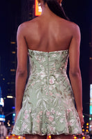 Load image into Gallery viewer, Sage Green Strapless Floral Short Birthday Party Dress with Ruffles