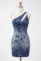 Load image into Gallery viewer, Sparkly Navy Tight Floral Short Beaded Keyhole Birthday Party Dress